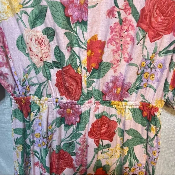 Old Navy Linen Floral Cottagecore Puff Sleeve Cut Out Midi Dress Size Medium - Picture 9 of 11